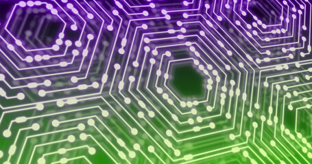 Image of neon integrated circuit on purple and green background
