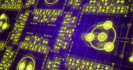 Image of neon integrated circuit on violet background