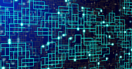 Image of neon integrated circuit on navy background