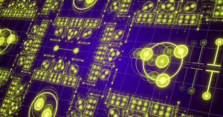 Image of neon integrated circuit on violet background