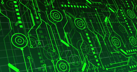 Image of neon integrated circuit on green background