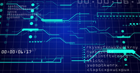 Image of neon integrated circuit and data on blue background