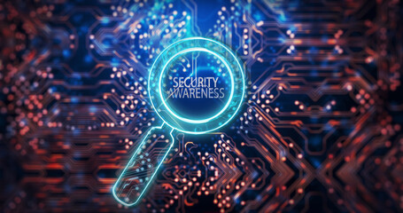 Image of magnifying glass with security awareness text over computer circuit board