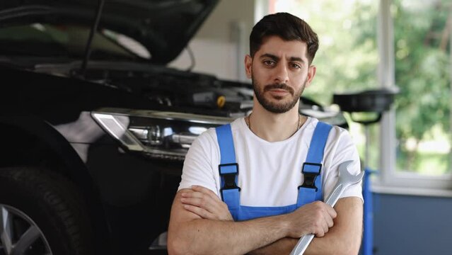 Confident handsome bearded mechanic in blue uniform standing with his arms crossed while workmate working on background. Car mechanic working at automotive service center