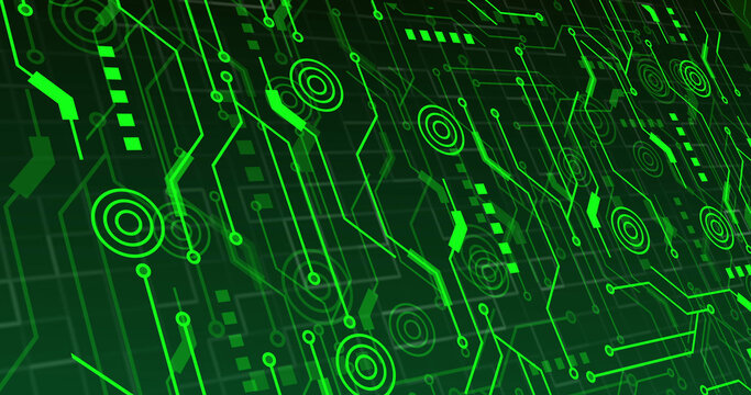 Image of neon integrated circuit on green background