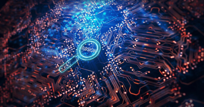 Image of magnifying glass with mission text over computer circuit board - Powered by Adobe