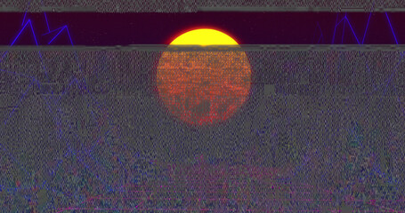 Image of interference and sun over digital mountains on black background