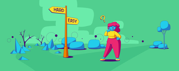 Female character choosing between hard and easy ways, contemporary cartoon illustration. Woman standing on road fork, thinking over decision. Straight smooth, curvy difficult paths ahead. Vector image - obrazy, fototapety, plakaty
