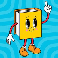 Book cartoon character in retro style. Textbook vector cute illustration in flat vintage comic design.