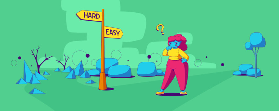 Female Character Choosing Between Hard And Easy Ways, Contemporary Cartoon Illustration. Woman Standing On Road Fork, Thinking Over Decision. Straight Smooth, Curvy Difficult Paths Ahead. Vector Image