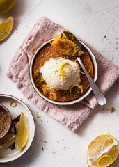 dessert cake still life with ice cream and lemon