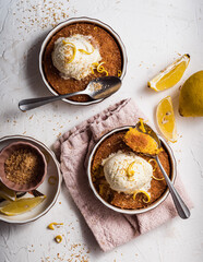 dessert cake still life with ice cream and lemon