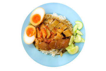 Top view of Barbecued red pork in sauce with rice, focus selective