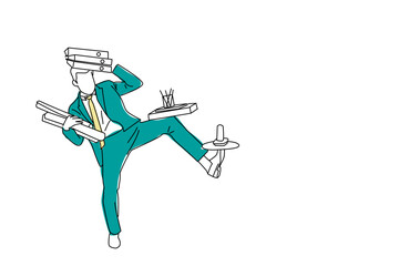 Cartoon of businessman in a suit juggling with office supplies in his office. Single continuous line art style