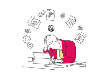 Illustration of frustrated asian businessman in office. One line art style