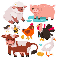 Cute farm animals and birds set vector illustration. Cartoon isolated domestic characters in childish livestock collection for little baby, happy village chicken pig sheep goose turkey cow and bee