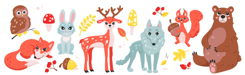 Cute wild animals and birds set vector illustration. Cartoon isolated forest characters with autumn berry fruit on plants and mushrooms, squirrel with acorn and deer, fox and wolf, owl and bear