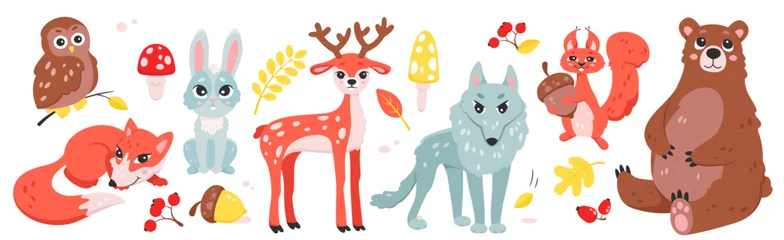 Fotobehang Cute wild animals and birds set vector illustration. Cartoon isolated forest characters with autumn berry fruit on plants and mushrooms, squirrel with acorn and deer, fox and wolf, owl and bear © Natalia