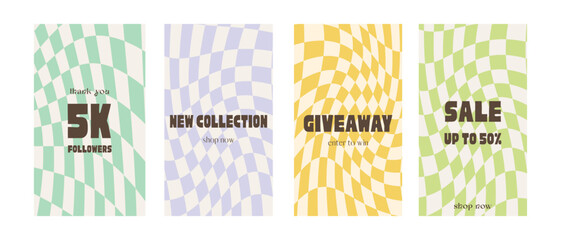 Retro social media ad post in psychedelic funky nostalgic design. Vintage 80s 90s aesthetic backdrops, distorted gingham backgrounds. Set of square posters in Y2K style. Vector ig banner templates.