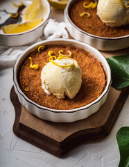 dessert cake still life with ice cream and lemon