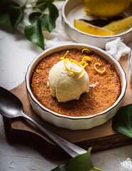 dessert cake still life with ice cream and lemon