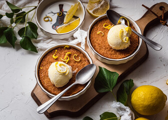 dessert cake still life with ice cream and lemon