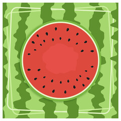 Square web banner with watermelon cut in half top view. Internet page header decoration. Design element. Vector on striped green background