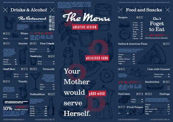 Restaurant or cafe menu vintage vector illustration. Drinks and alcohol, food and snacks brochure, cafe or bar price catalog with sketches.