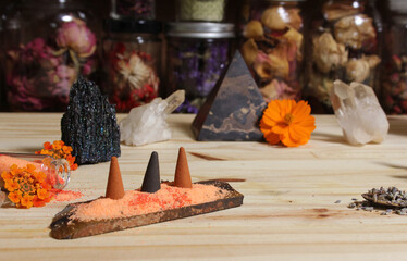 Aragonite Crystal With Incense and Stone Pyramid on Meditation Altar