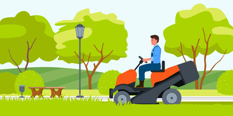 Lawn mower professional machine. Gardener driving a cutting grass machinery, household garden equipment, farming activity, park and garden care, power operated car vector illustration - obrazy, fototapety, plakaty