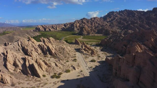 AERIAL - Epic mountains and ravine, Quebrada de las Flechas, Salta, Argentina, forward
