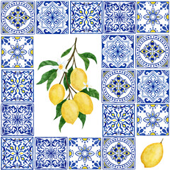 Watercolor hand drawn seamless pattern with lemon citrus fruit blue portuguese azulejo tiles. Summer bright organic sweet tasty food botanic print. Harvest tree ornament textile.
