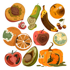 Rotten food product set vector illustration. Cartoon isolated spoiled and damaged fruit and vegetables with rot, danger mold and poisons, moldy expired pieces, slices and whole fruit collection - obrazy, fototapety, plakaty
