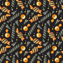 Seamless, watercolor pattern on the theme of Halloween. Candies, candy canes, lollipops, treats. For gift wrapping