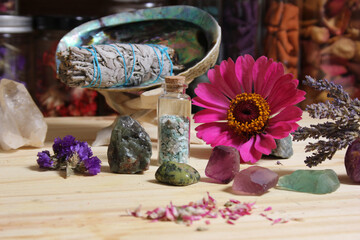 Dried Flowers and Crystal Stones on Meditation Altar Shallow DOF