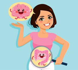 Woman showing regulation of digestive system. Presenting brain and zoom in stomach. Interconnected organs. Cartoon flat vector illustration