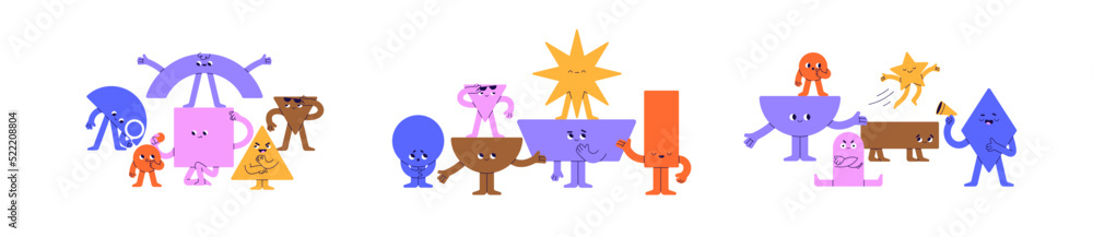 Poster cute geometric shapes characters communication, interaction. abstract teams, groups of funny geometr