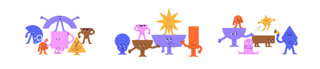 Cute geometric shapes characters communication, interaction. Abstract teams, groups of funny geometry figures work, study together. Flat graphic vector illustrations isolated on white background