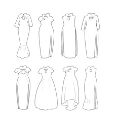 チャイナドレスの線画イラストセット