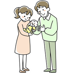 赤ちゃんを抱く若い母親と寄り添う若い父親