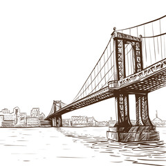  Hand drawn bridge. New York city, vector illustration