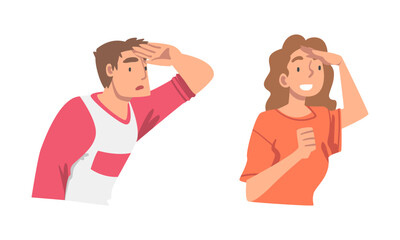 Looking Into Future Man and Woman Character with Hand on Forehead Vector Set