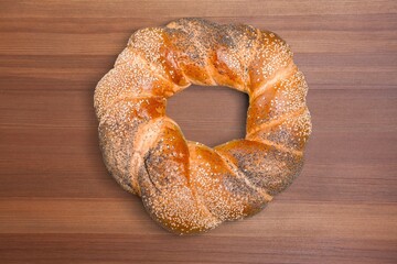 Fresh baked bagel, flakes and crumbs. Pastry shop card