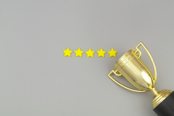 Champion trophy cup with five stars on gray background.