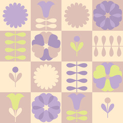 Pastel seamless pattern with flowers in boho aesthetic style. Floral print for tee, poster, fabric, textile. Summer vector illustration for decor and design.