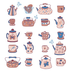 Hand drawn teapot, cups and mugs cozy collection. Perfect for stationery, dishcloth, towel, poster and print. Flat vector illustration isolated on white background.