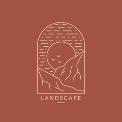 Landscape logo. Line emblem with mountains and sun. Trendy design for travel agencies, eco tourism, outdoor resort, mountaineering or other themes. Outline illustration in Boho style. Vector.