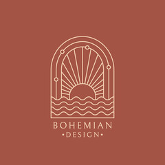 Boho logo. Vector isolated bohemian design with sun and ocean waves. Arch shape. Trendy line emblem for boho hotels, meditation studios, sea beaches or spiritual themes.