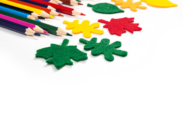School banner with school supplies crayons and decorative autumn leaves. Back to school concept. Colored pencils isolated on white background. Copy space
