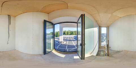 full seamless spherical 360 hdri panorama view in entrance hall with panoramic windows doors with...